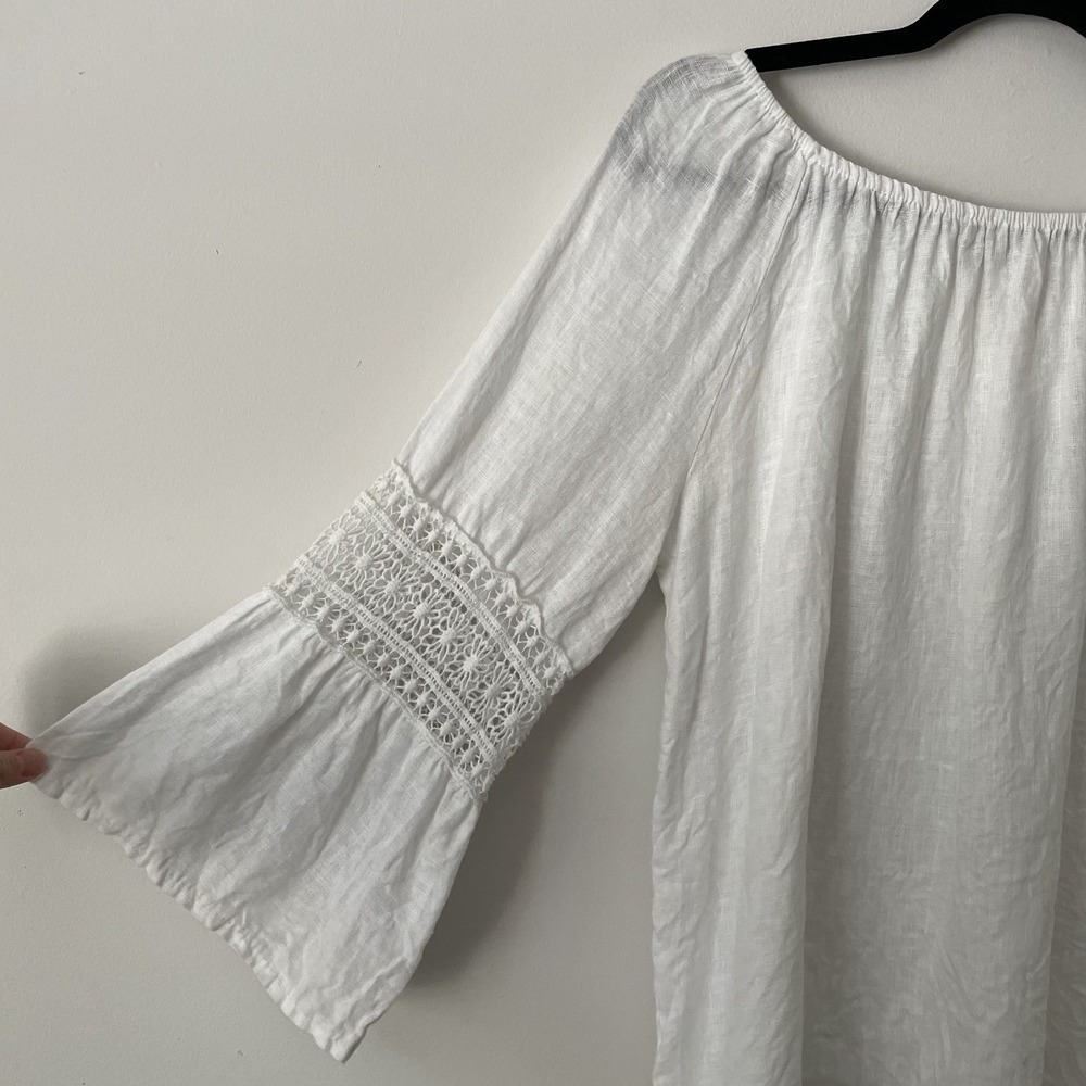 100% Linen Crochet Bell Sleeve Blouse White Sz L Lagenlook Minimalist Boho Italy - Picture 5 of 11